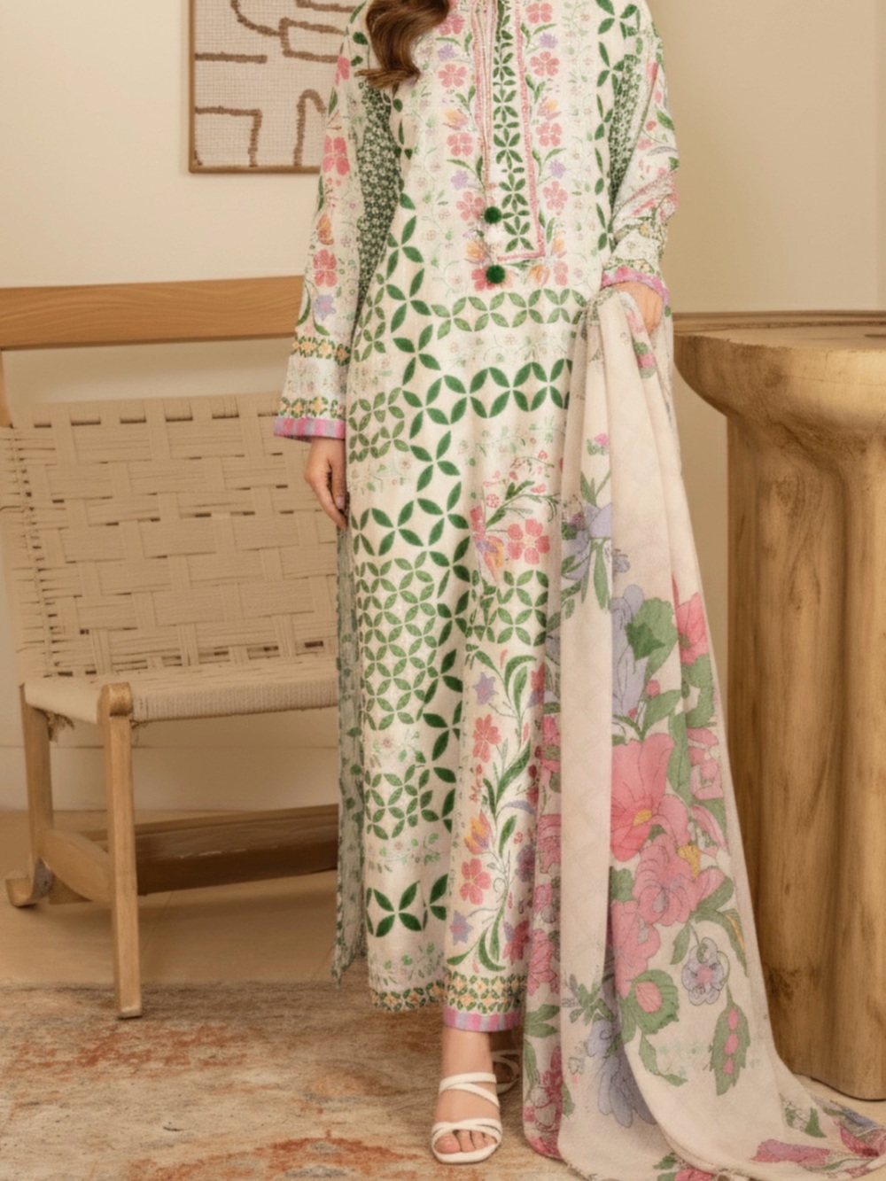 Elegant Green & Pink Floral Co-Ord/Top with matching Palazzo pants! (No Dupatta)